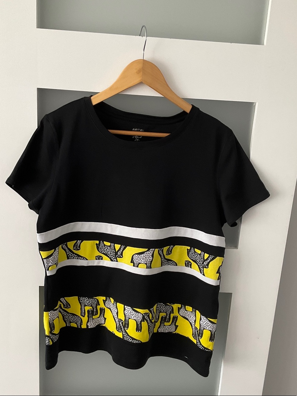 Marc Cain Women's Black Short Sleeve Tee with Yellow Animal Stripe